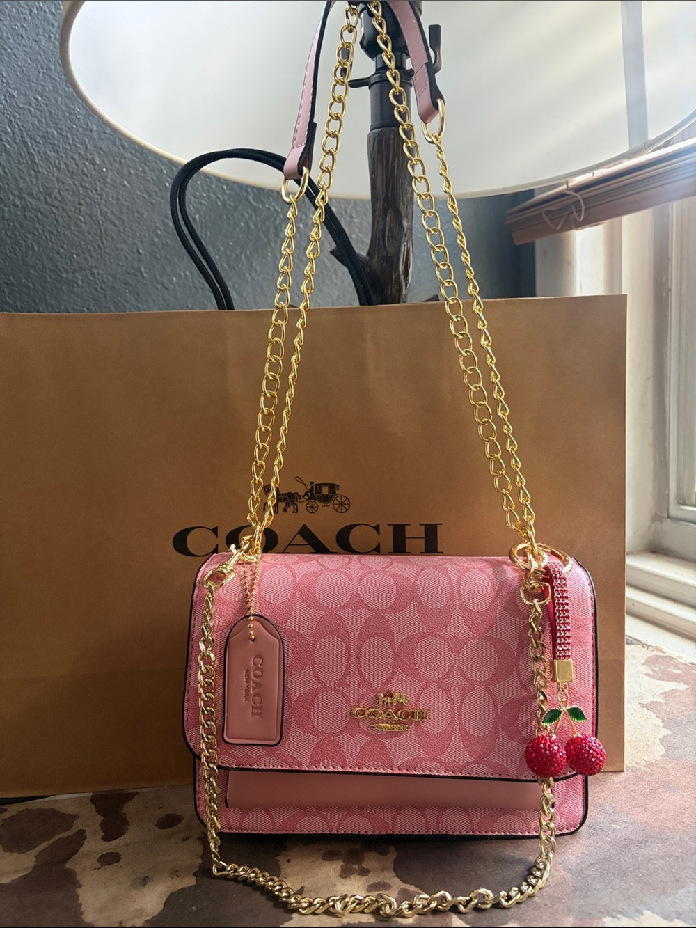 Coach Pink Signature Crossbody Bag with Gold Chain & Cherry Charm